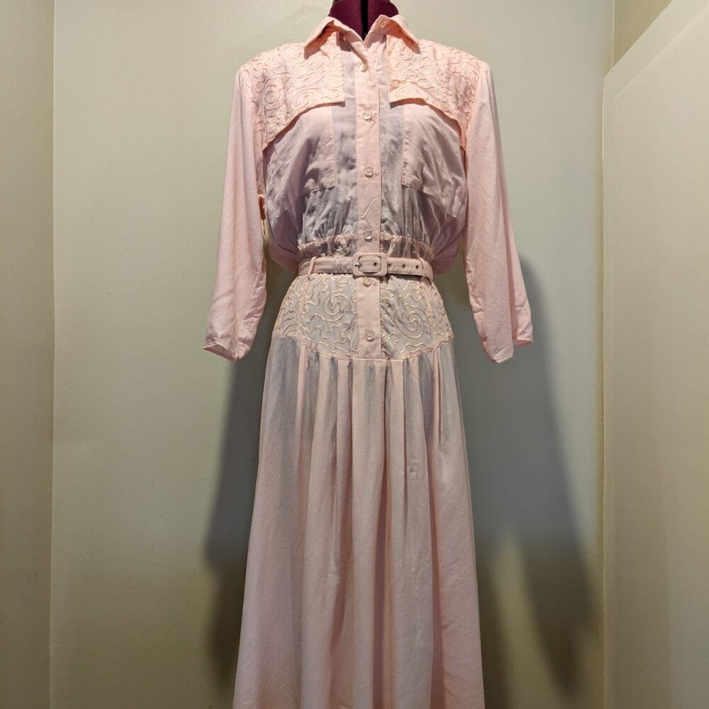 Vintage Pastel Pink Embroidered Maxi Dress | M-L